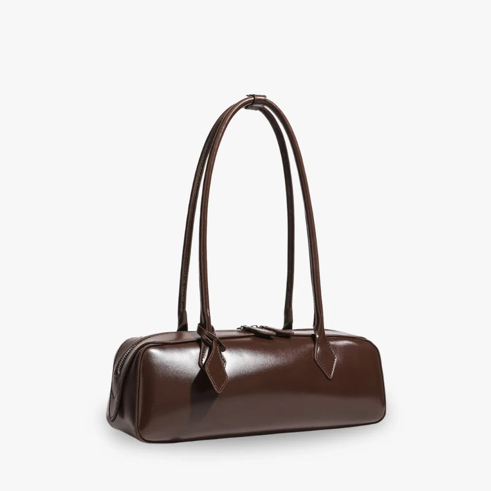Shoulder Bag Genuine Leather with Top Zip and Slim Handles