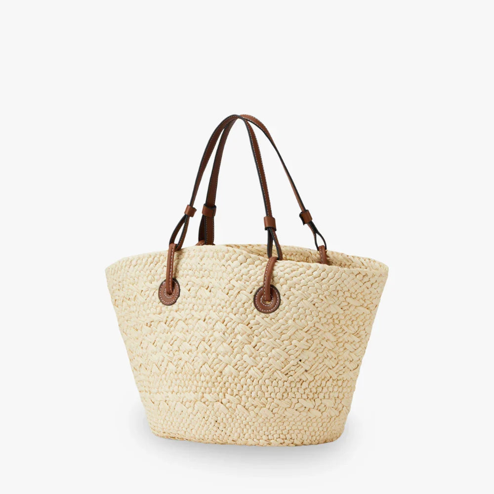 Tote Bag Straw Faux Leather with Long Double Handles