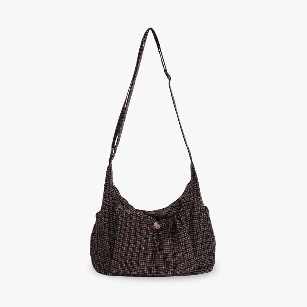 Crossbody Bag Checkered Nylon Polyester with Drawstring Front Pocket
