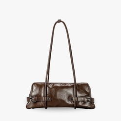 Shoulder Bag Faux Leather Glossy with Front Belt and Top Zip