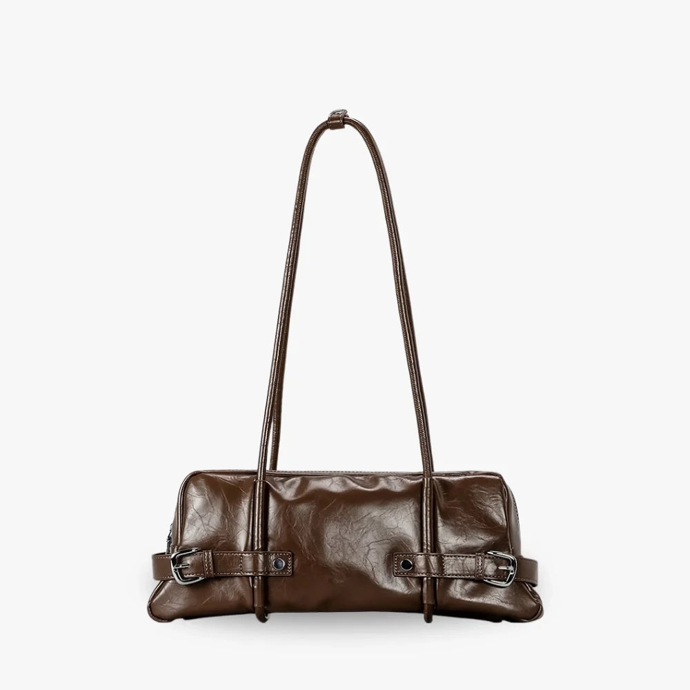 Shoulder Bag Faux Leather Glossy with Front Belt and Top Zip