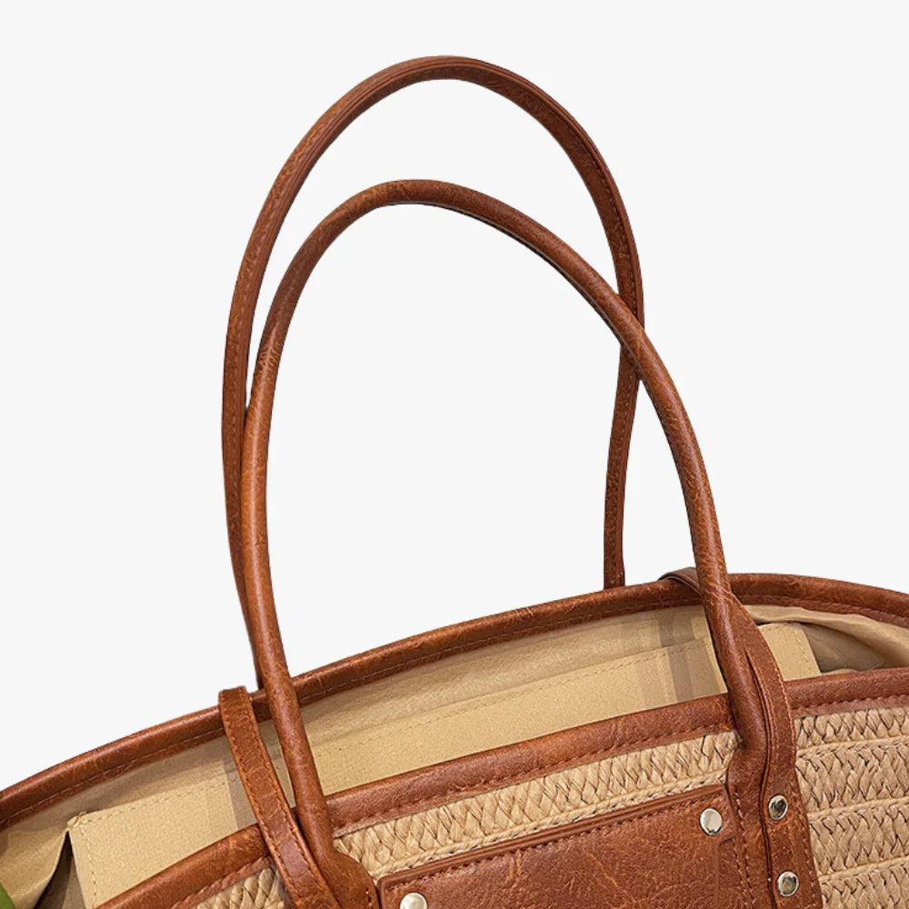 Tote Bag Straw Faux Leather with Central Zip and Inner Pocket