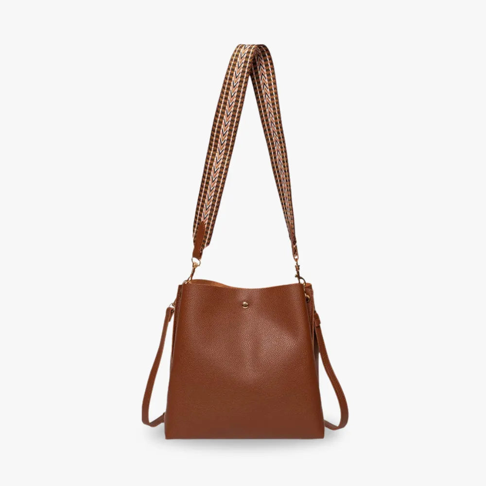 Bucket Bag Faux Leather Pebbled with Canvas Strap and Zip