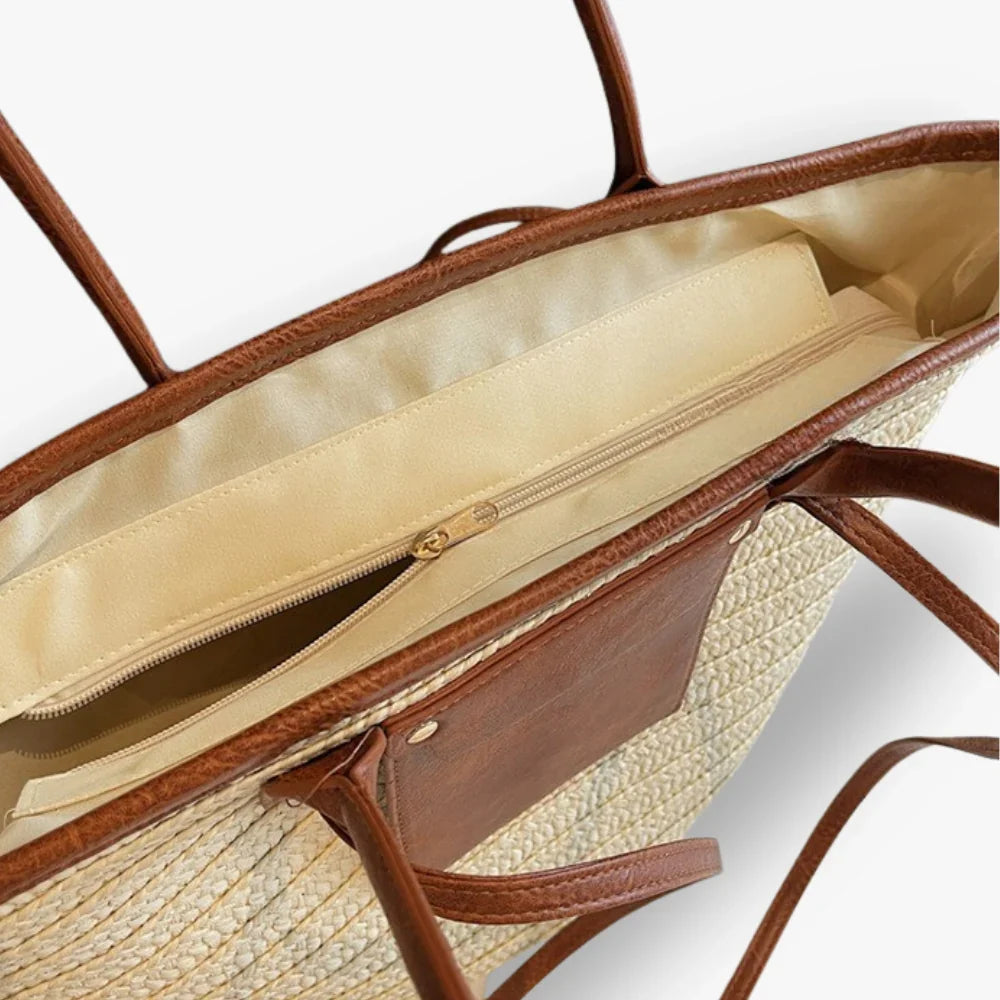Tote Bag Straw Faux Leather with Central Zip and Inner Pocket