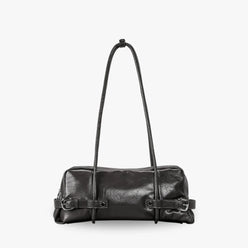 Shoulder Bag Faux Leather Glossy with Front Belt and Top Zip