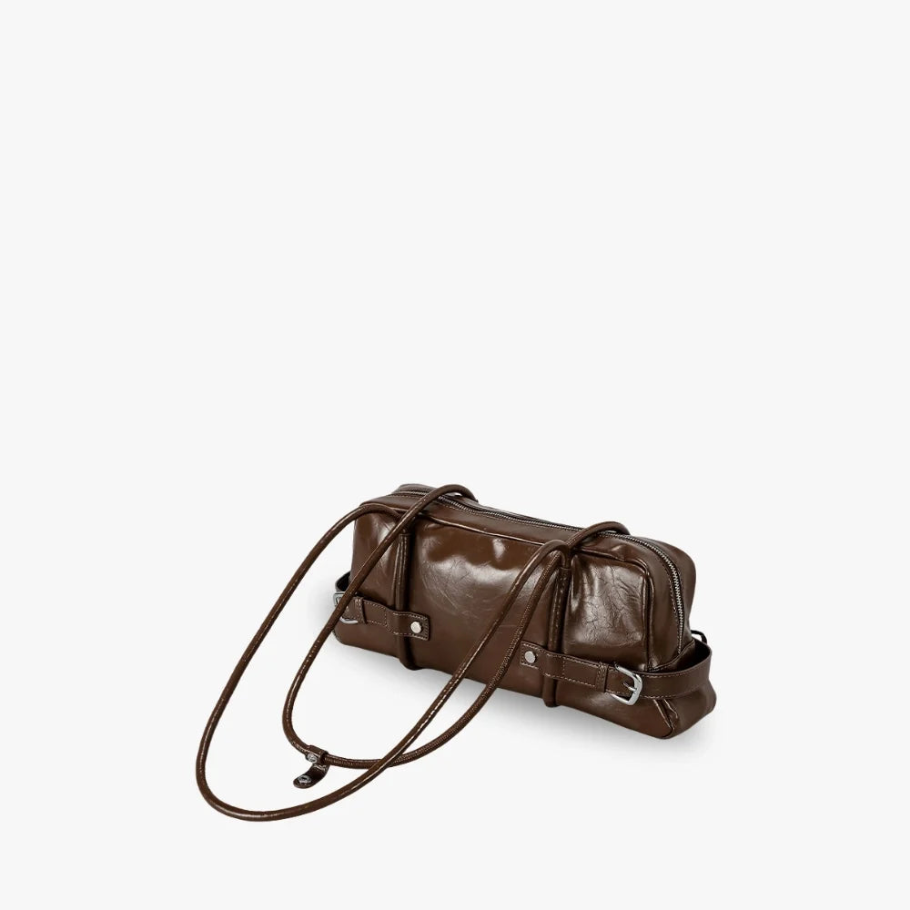Shoulder Bag Faux Leather Glossy with Front Belt and Top Zip