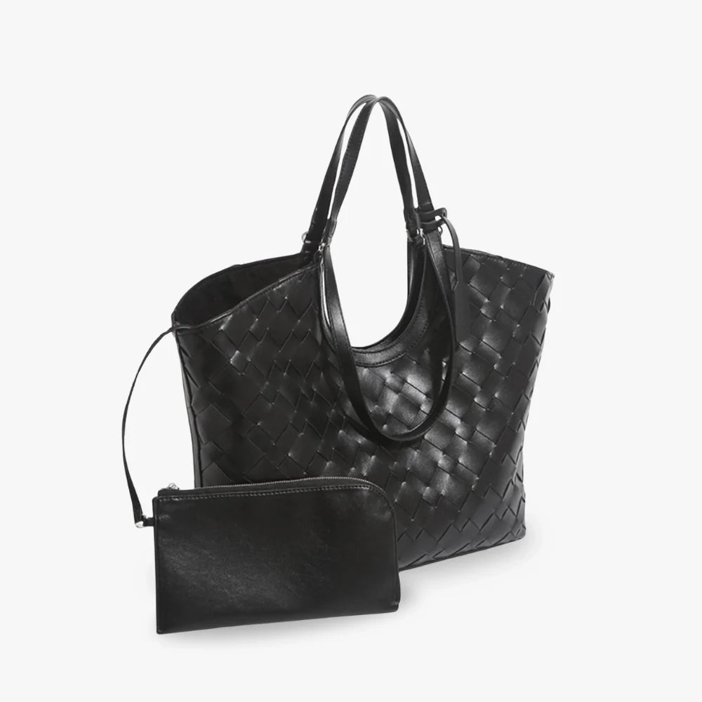Tote Bag Woven Faux Leather with Magnetic Closure and Zip Pouch