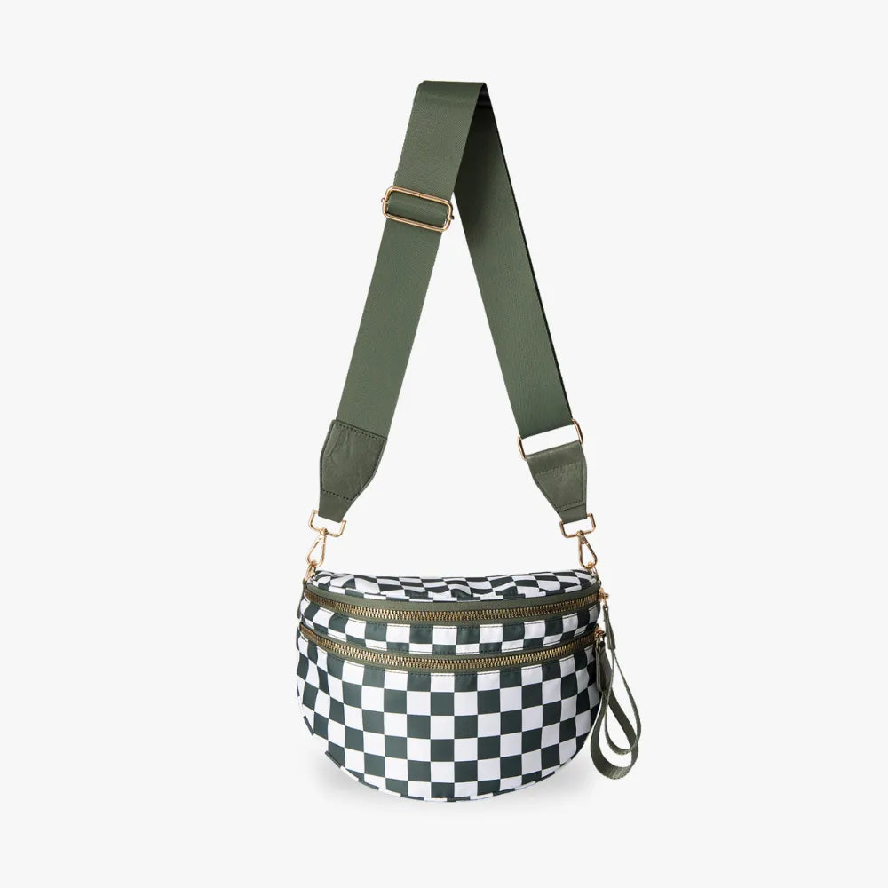 Crossbody Bag Checkered Water-Repellent Nylon with Double Zip