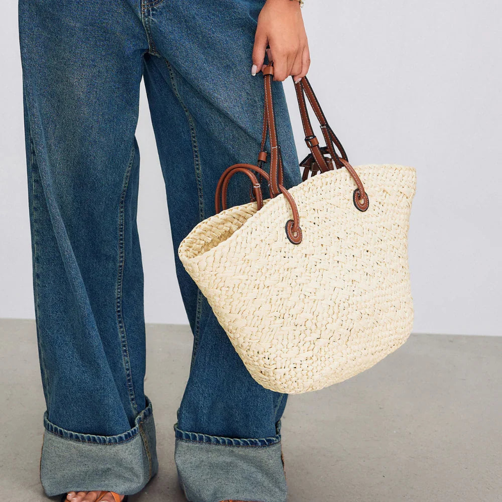 Tote Bag Straw Faux Leather with Long Double Handles