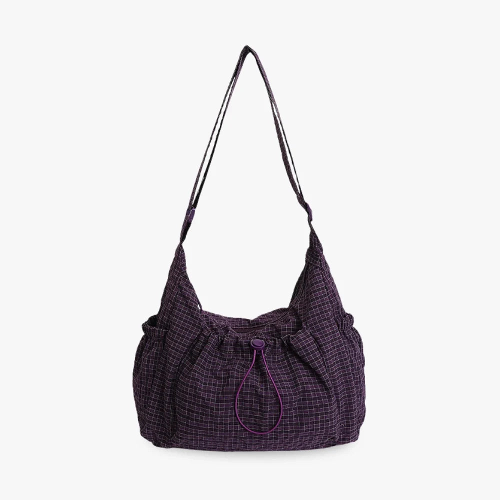 Crossbody Bag Checkered Nylon Polyester with Drawstring Front Pocket