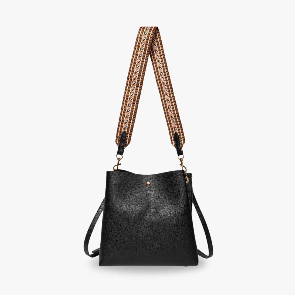 Bucket Bag Faux Leather Pebbled with Canvas Strap and Zip