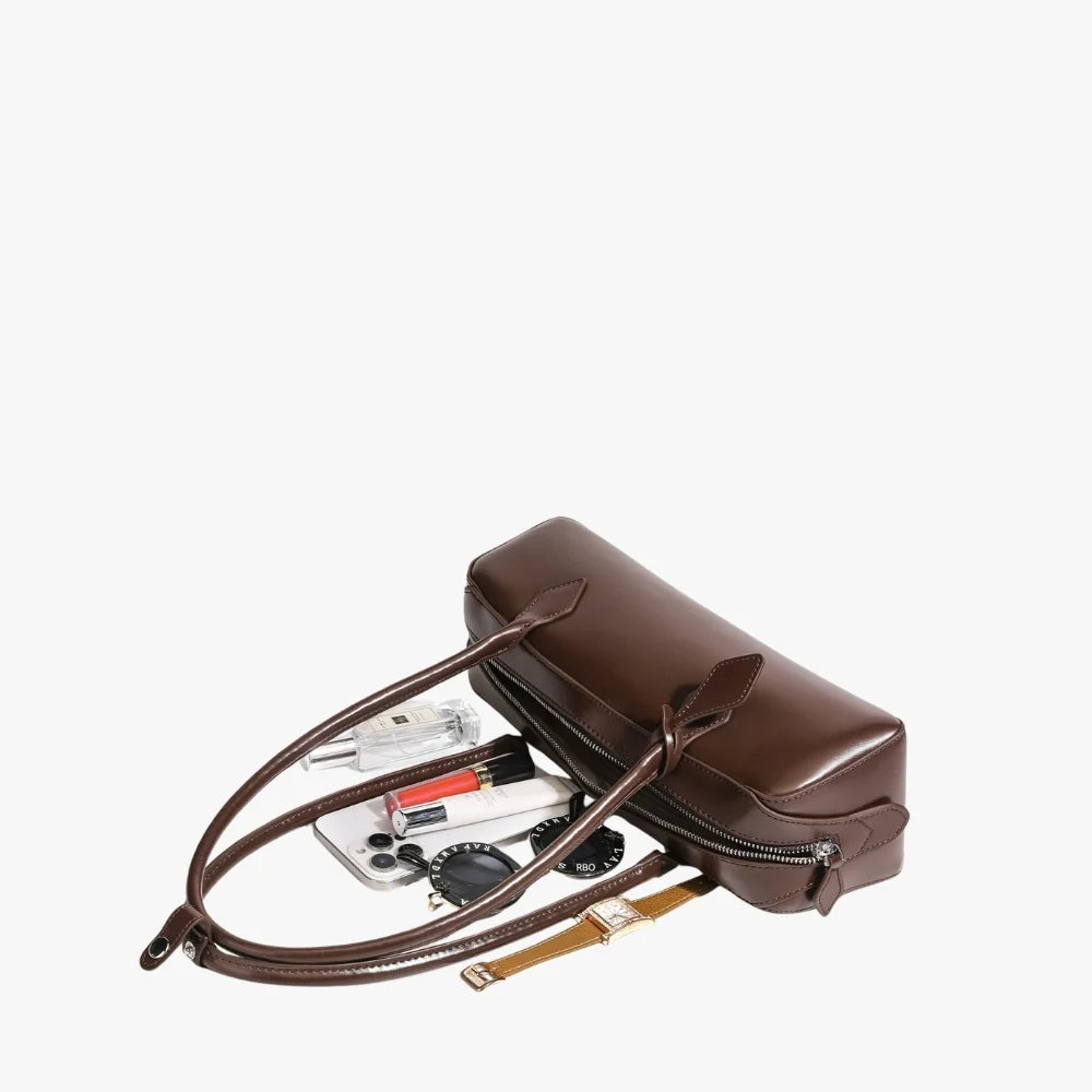 Shoulder Bag Genuine Leather with Top Zip and Slim Handles