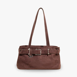 Shoulder Bag Faux Suede with Front Belt and Top Zip