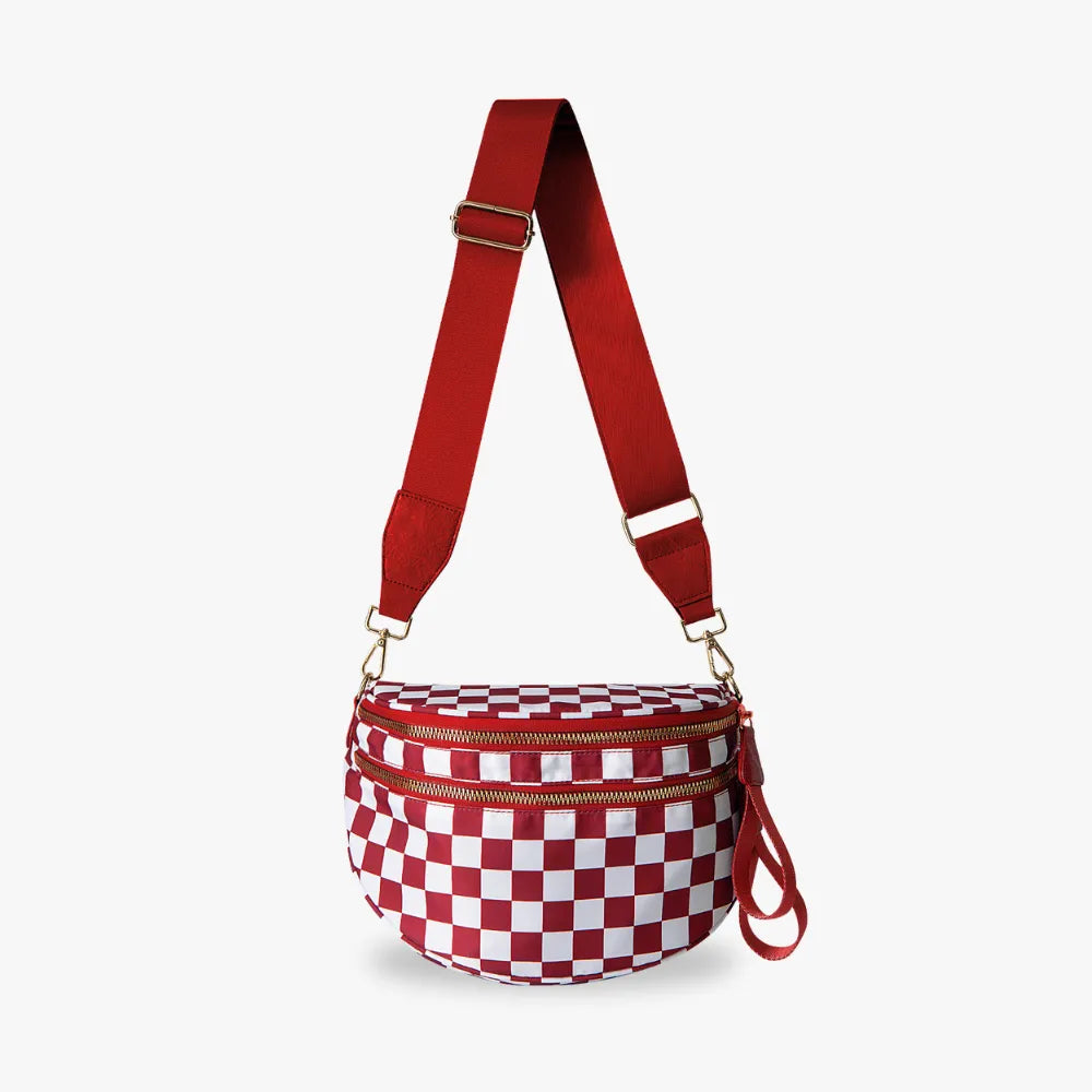 Crossbody Bag Checkered Water-Repellent Nylon with Double Zip