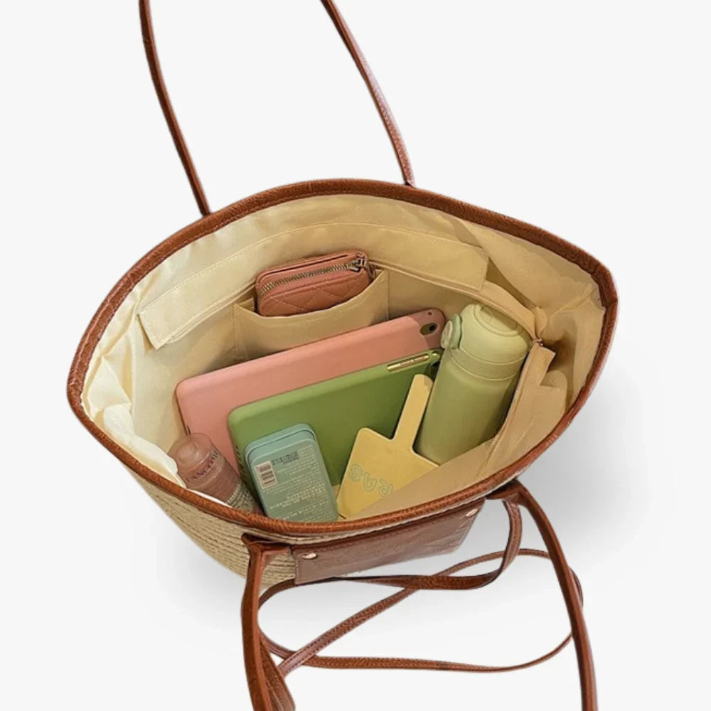 Tote Bag Straw Faux Leather with Central Zip and Inner Pocket