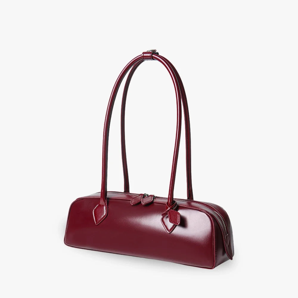 Shoulder Bag Genuine Leather with Top Zip and Slim Handles