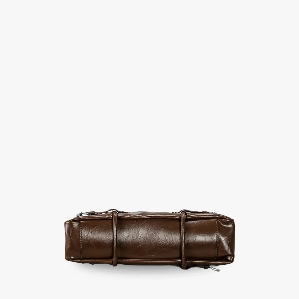 Shoulder Bag Faux Leather Glossy with Front Belt and Top Zip