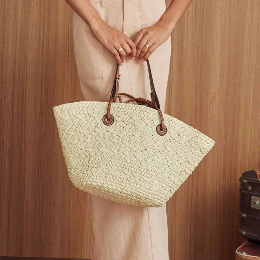 Tote Bag Straw Faux Leather with Long Double Handles
