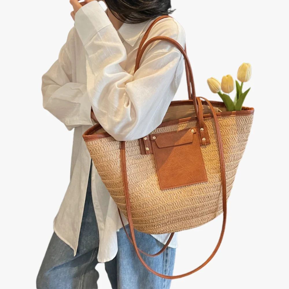 Tote Bag Straw Faux Leather with Central Zip and Inner Pocket