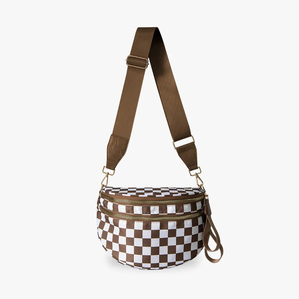 Crossbody Bag Checkered Water-Repellent Nylon with Double Zip