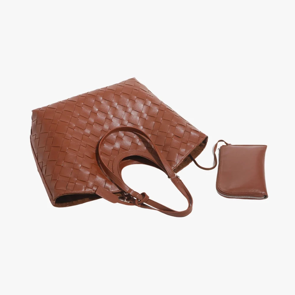 Tote Bag Woven Faux Leather with Magnetic Closure and Zip Pouch