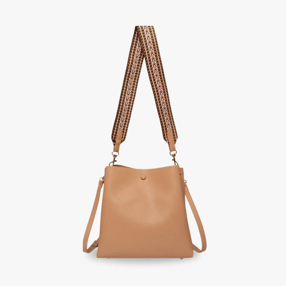 Bucket Bag Faux Leather Pebbled with Canvas Strap and Zip