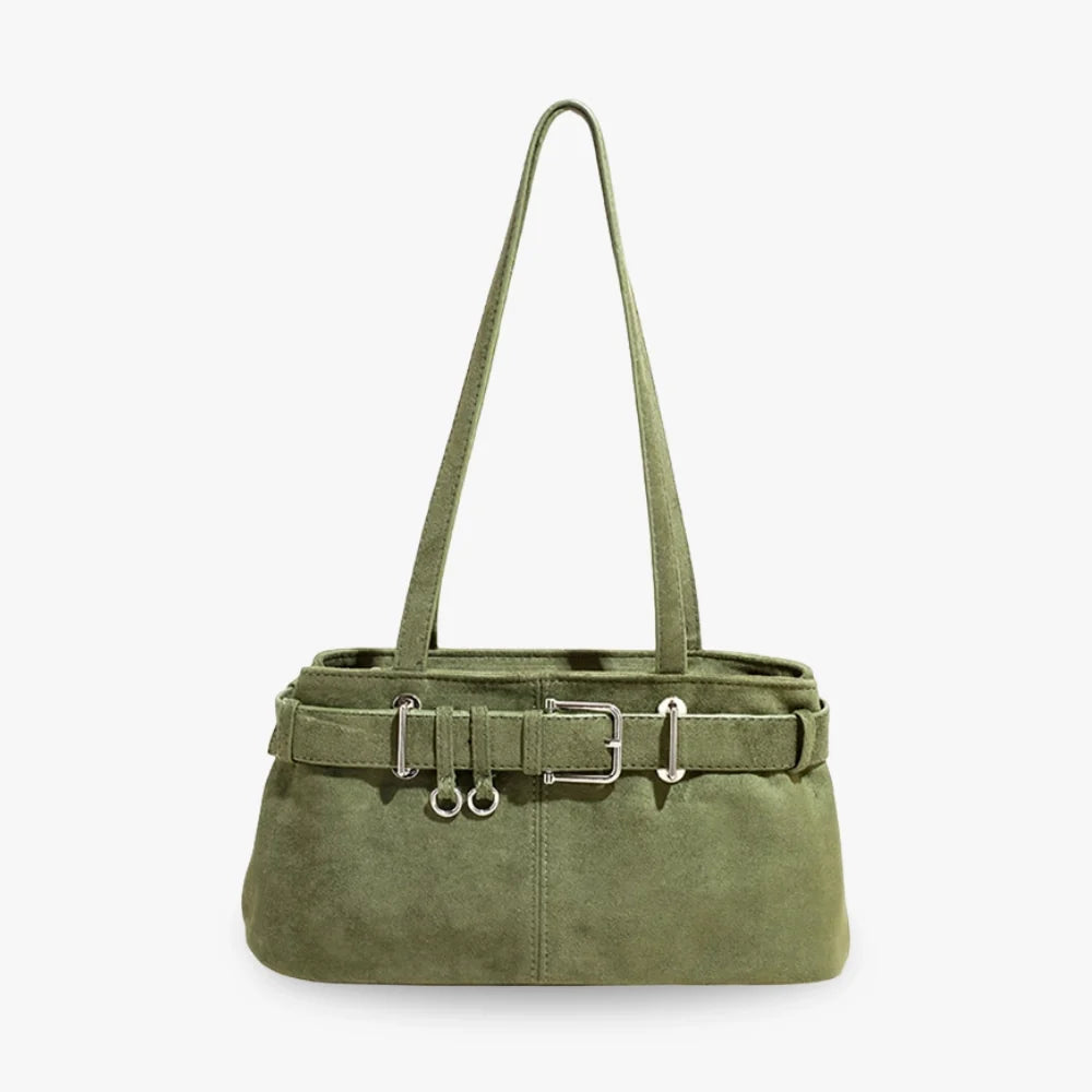 Shoulder Bag Faux Suede with Front Belt and Top Zip