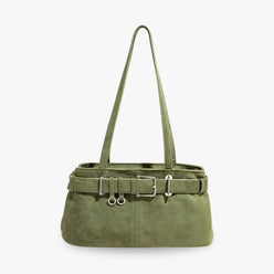 Shoulder Bag Faux Suede with Front Belt and Top Zip