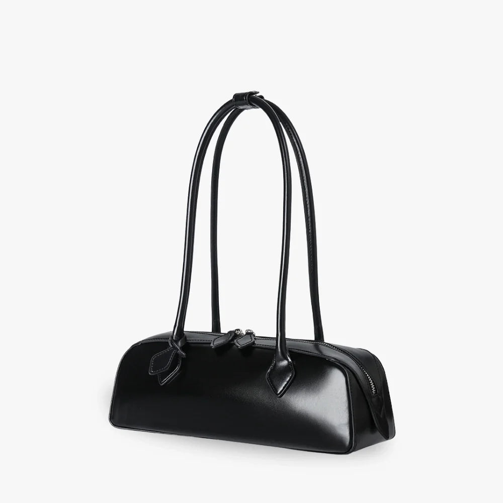 Shoulder Bag Genuine Leather with Top Zip and Slim Handles