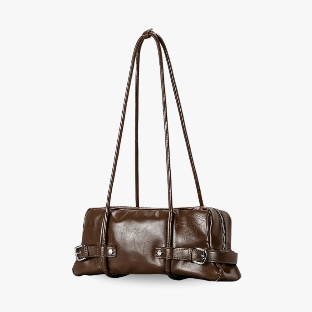 Shoulder Bag Faux Leather Glossy with Front Belt and Top Zip
