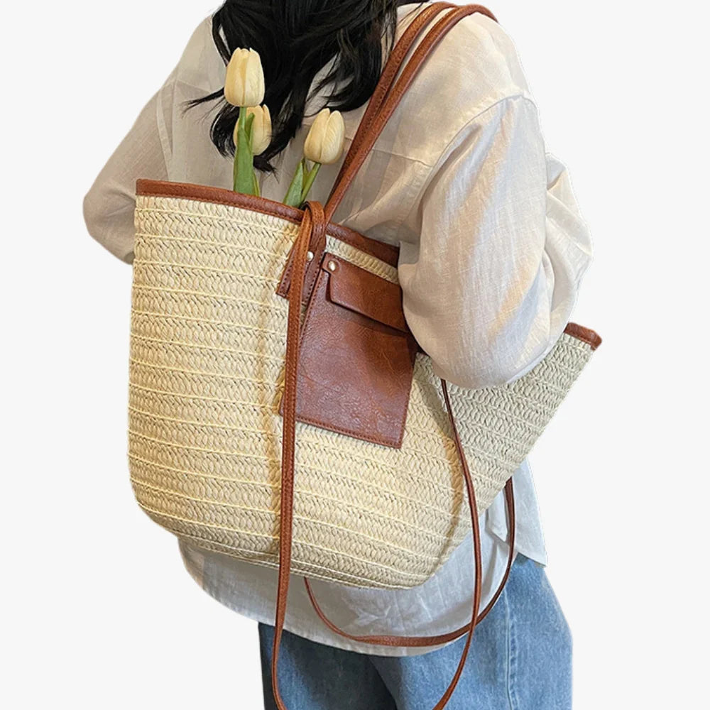 Tote Bag Straw Faux Leather with Central Zip and Inner Pocket