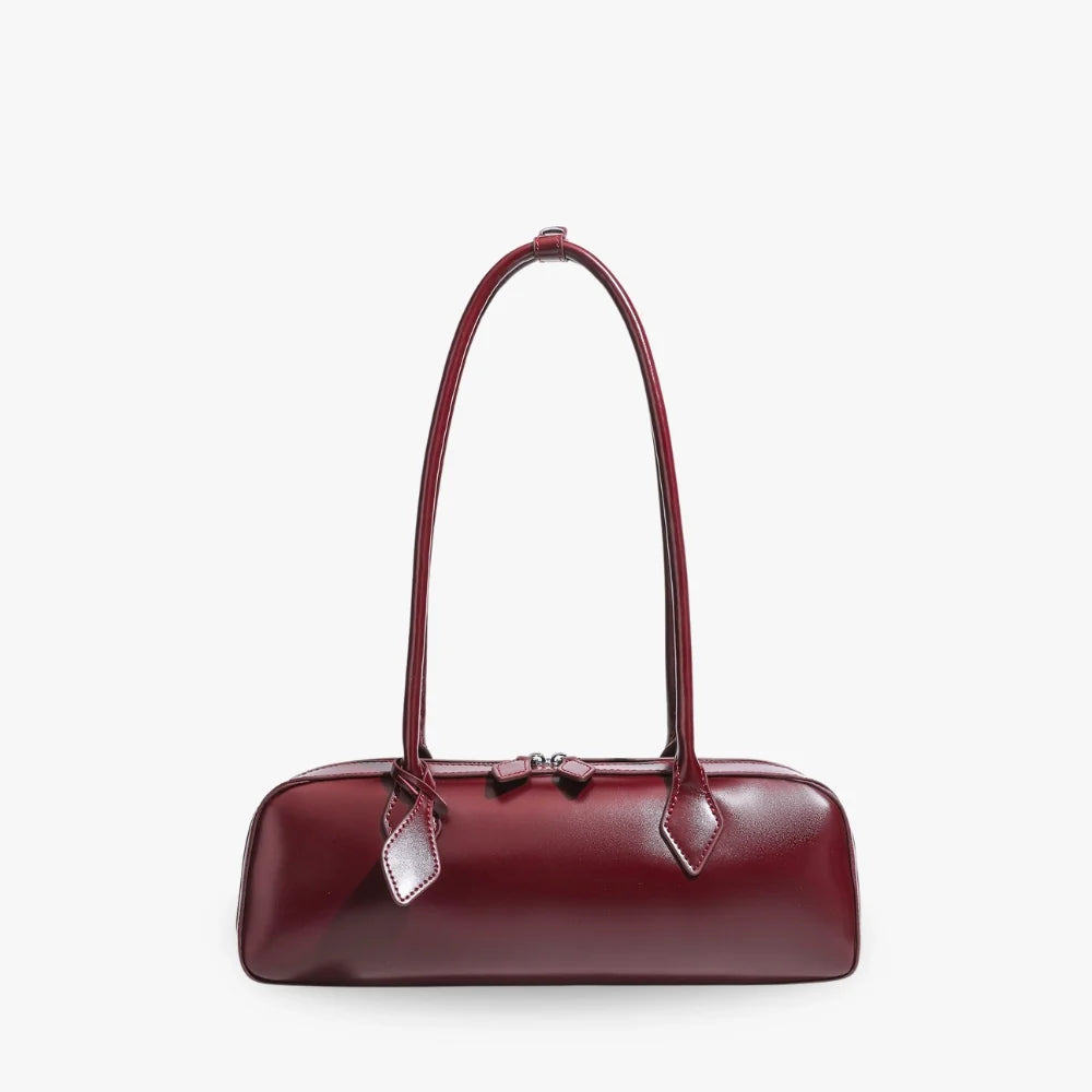 Shoulder Bag Genuine Leather with Top Zip and Slim Handles