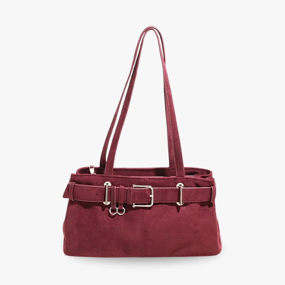 Shoulder Bag Faux Suede with Front Belt and Top Zip