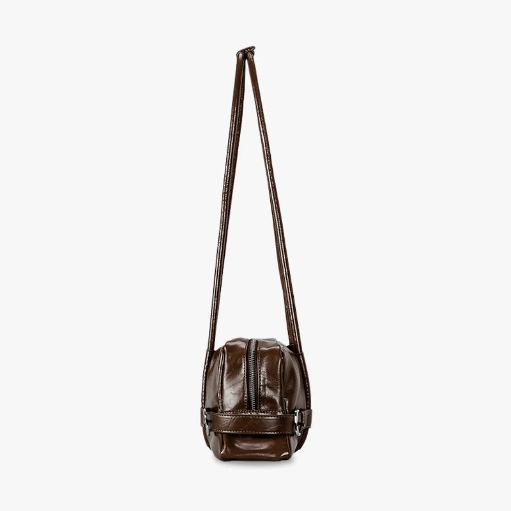 Shoulder Bag Faux Leather Glossy with Front Belt and Top Zip