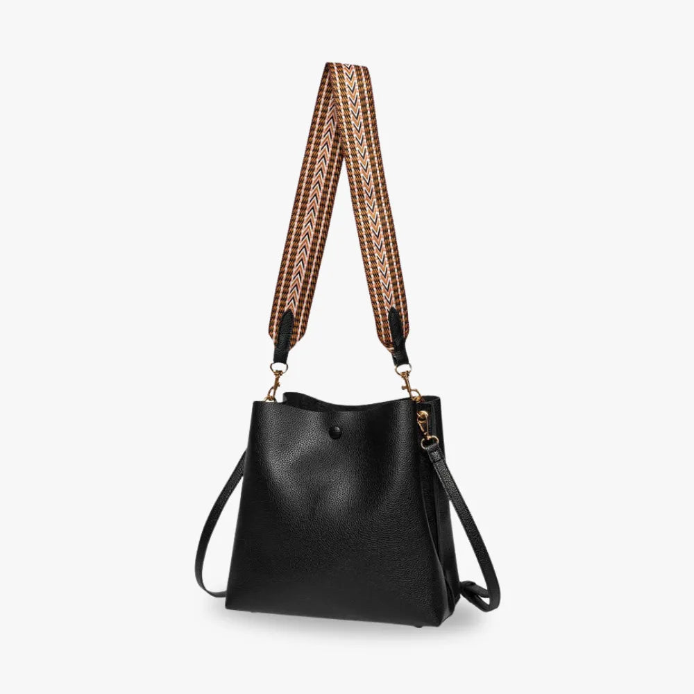 Bucket Bag Faux Leather Pebbled with Canvas Strap and Zip