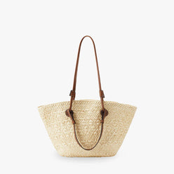 Tote Bag Straw Faux Leather with Long Double Handles