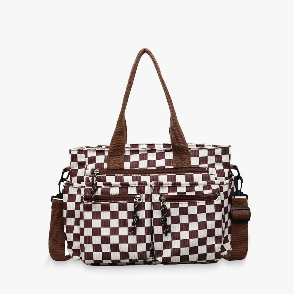 Crossbody Bag Checkered Corduroy with Top Handles and Pockets