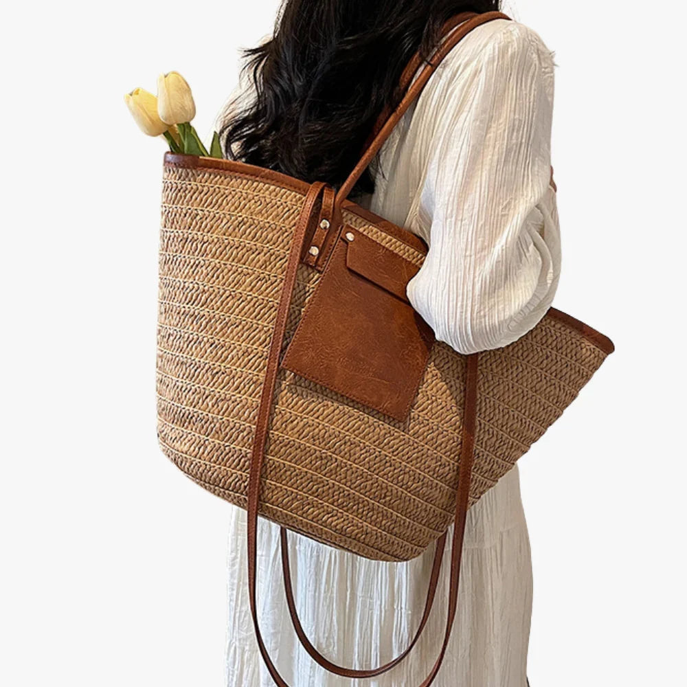 Tote Bag Straw Faux Leather with Central Zip and Inner Pocket