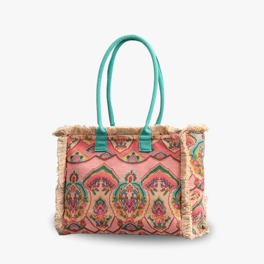 Tote Bag Patterned Textured Canvas with Zip and Reinforced Handles