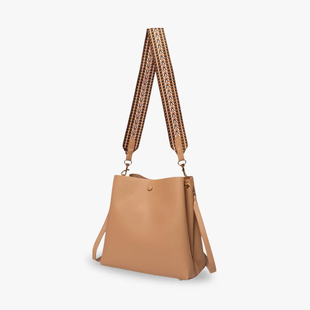 Bucket Bag Faux Leather Pebbled with Canvas Strap and Zip