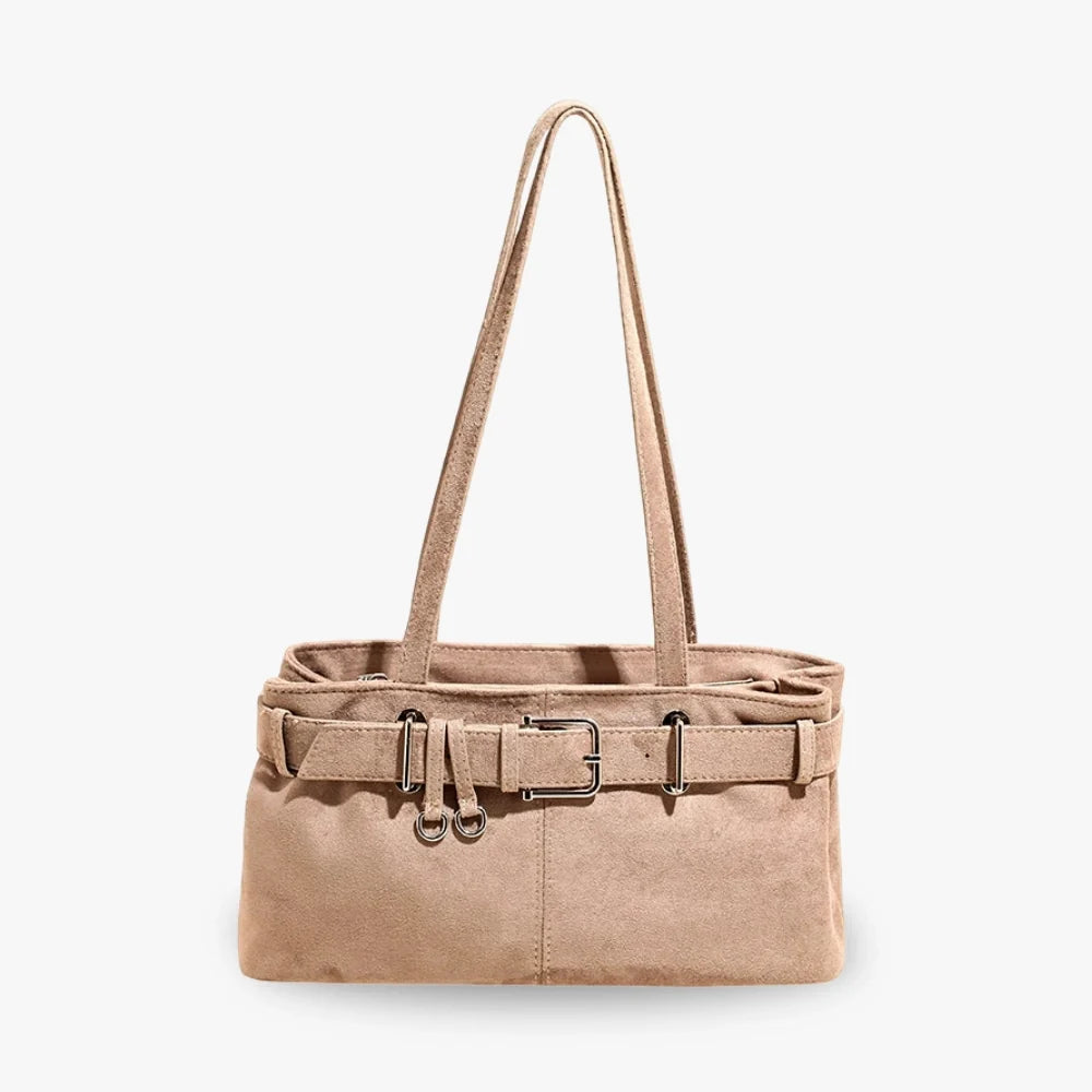 Shoulder Bag Faux Suede with Front Belt and Top Zip