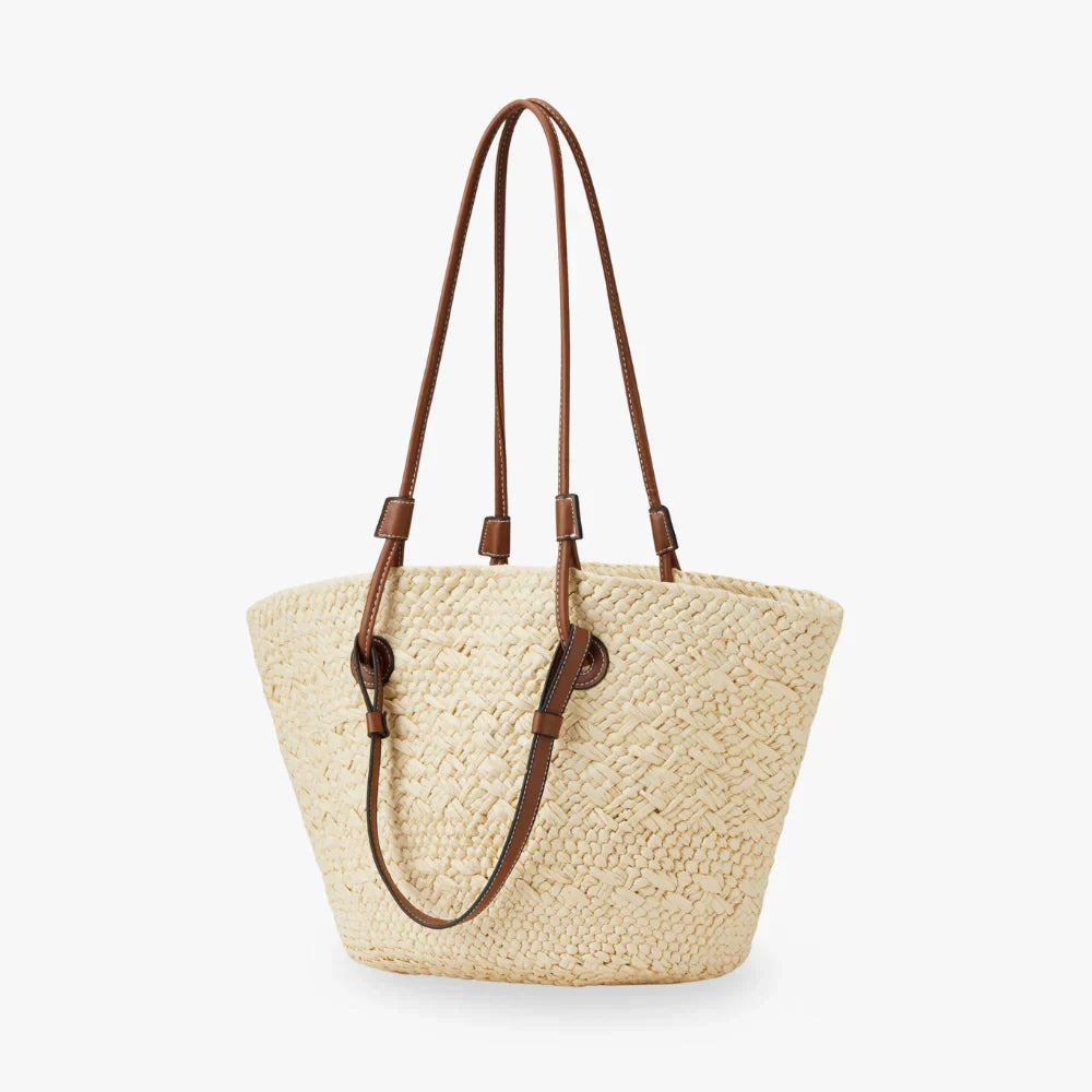 Tote Bag Straw Faux Leather with Long Double Handles