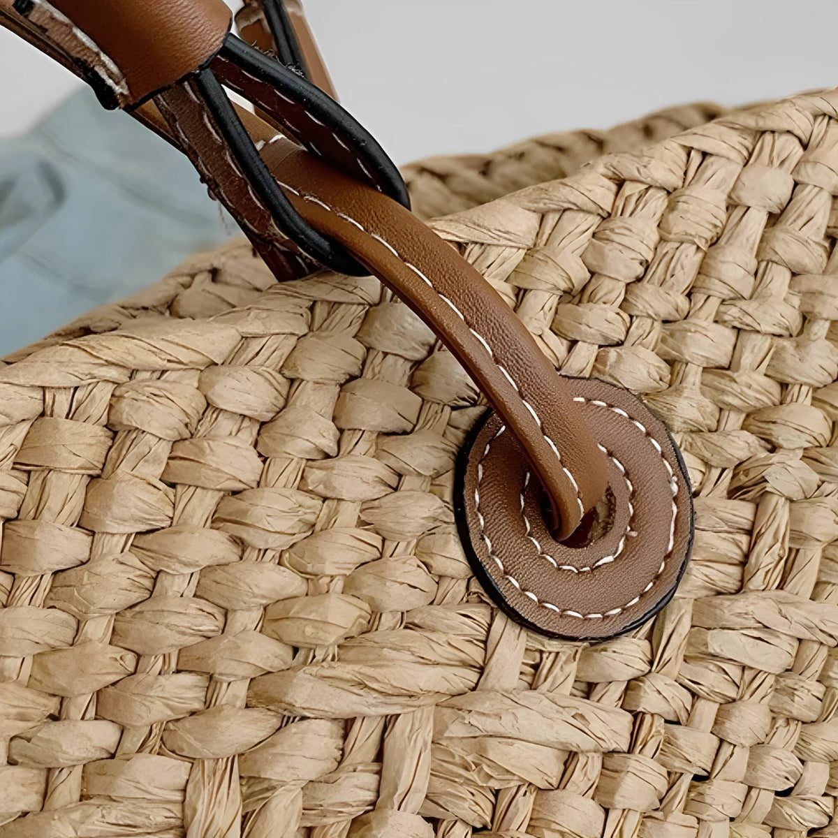 Tote Bag Straw Faux Leather with Long Double Handles