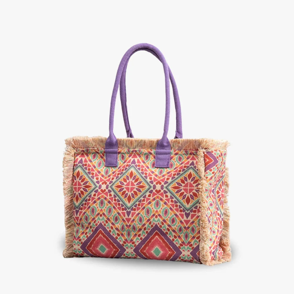Tote Bag Patterned Textured Canvas with Zip and Reinforced Handles