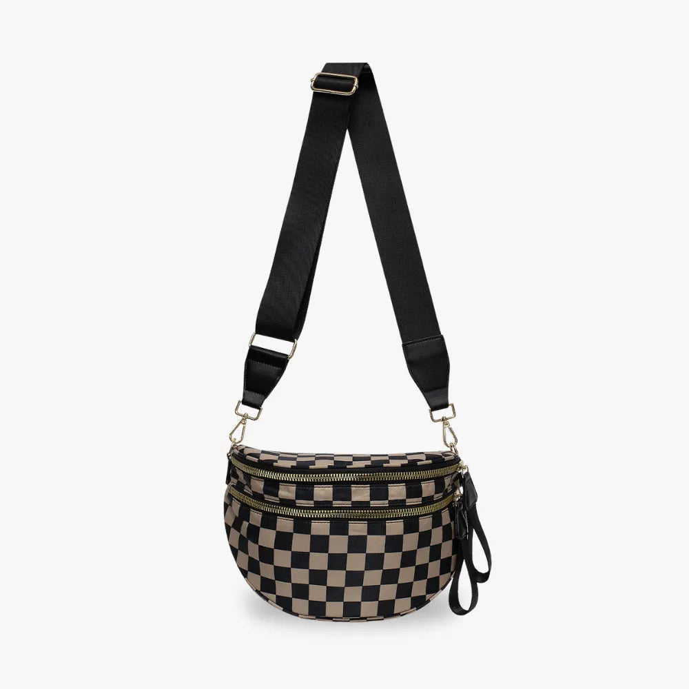 Crossbody Bag Checkered Water-Repellent Nylon with Double Zip