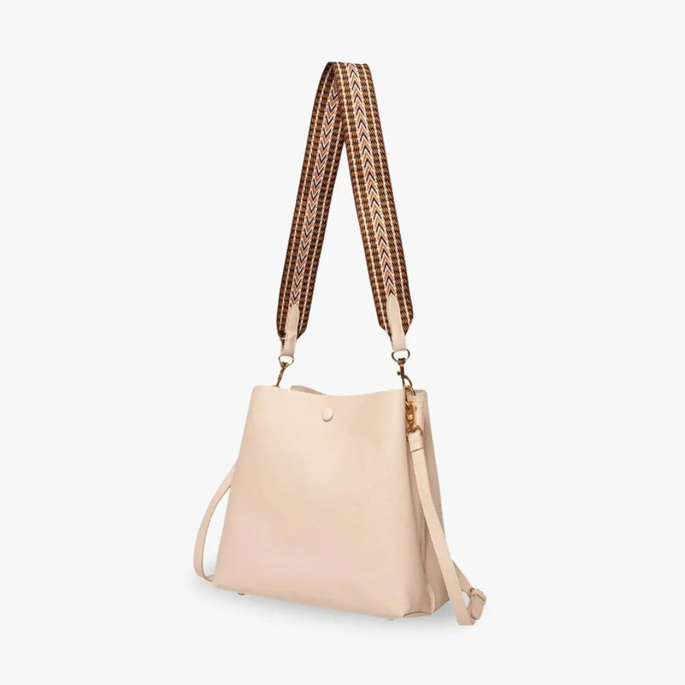 Bucket Bag Faux Leather Pebbled with Canvas Strap and Zip