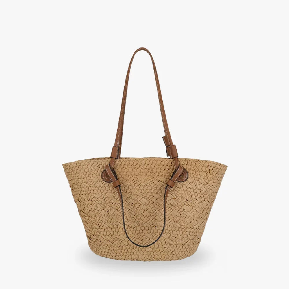 Tote Bag Straw Faux Leather with Long Double Handles