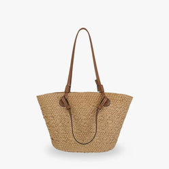 Tote Bag Straw Faux Leather with Long Double Handles