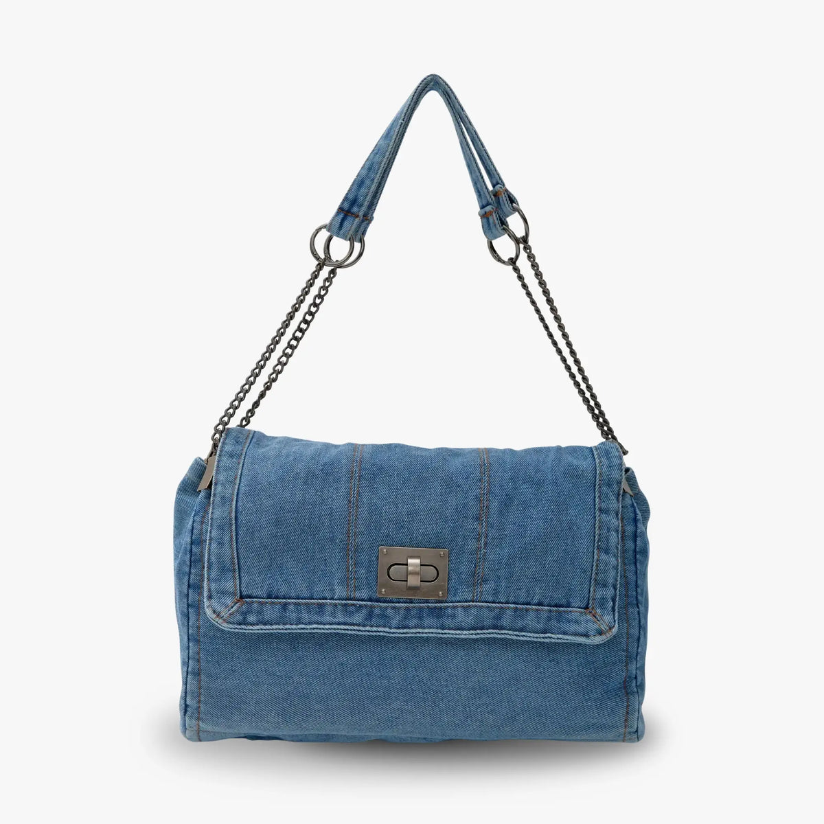 Shoulder Bag Upcycled Denim with Chain Handles and Metal Clasp