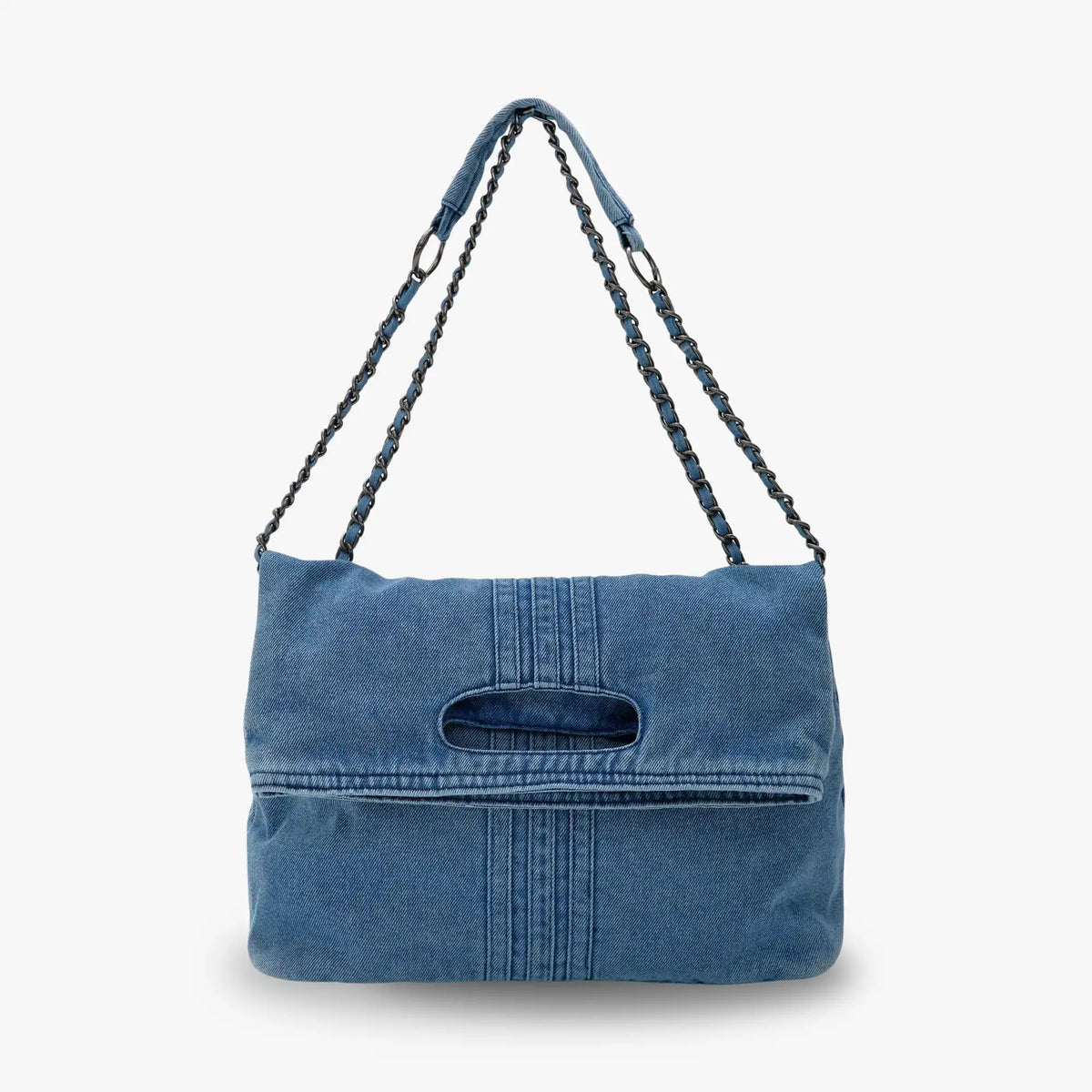 Shoulder Bag Upcycled Denim with Chain Handles and Snap Closure